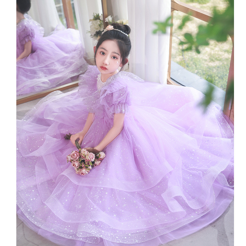 purple Princess Flower Girls Dresses for Weddings sequined Kids Formal Wear Beads Long Pageant Dress First Communion Dress little Girls Tulle Toddler 