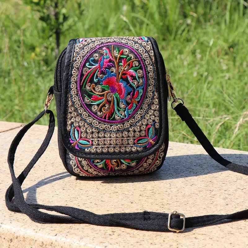 Style 1Pc Embroidered National Cloth Bag Waist Bag Oblique Span Shoulder Coin Mini Wallet Carry Vertical ddmysmile Square Smile