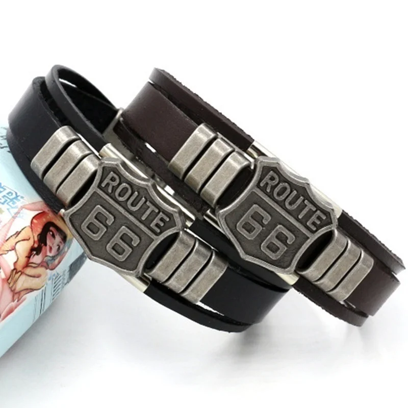 Trendy American Route 66 Printed Pattern Bracelet Men's Bracelet Metal Multilayer Leather Bracelet Accessories New Party Jewelry