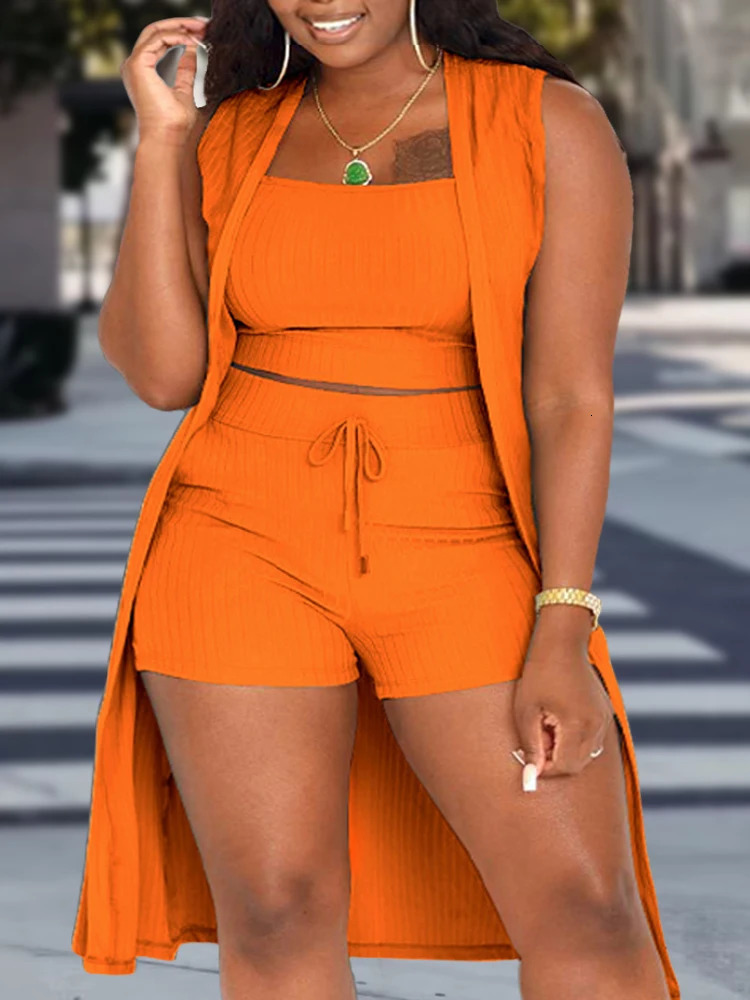 Plus Size Casual Outfits Three Piece Set Womens Plus Solid Ribbed Round Neck Tank Top Drawstring Shorts Split Hem Cardigan 240321