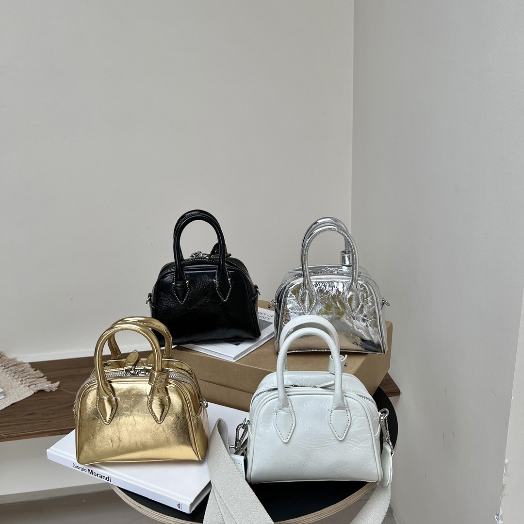 Fashion Stylish Shiny Gold Sier Color Tote Small Medium Size 100% Cowhide Leather Women Handbag High-Class Shoulder Bag Zipper Style Genuine Leather B