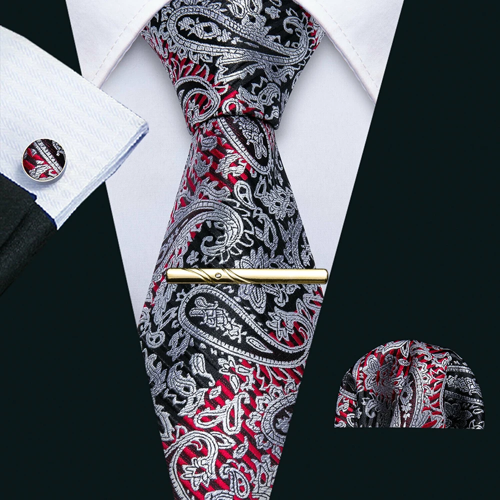 Grey Men Red Exquisite Necktie Brand Silk Paisley Jacquard Pocket Square Cufflinks Clips ddmysmile Set Wedding Party Barry.Wang 359 Smile