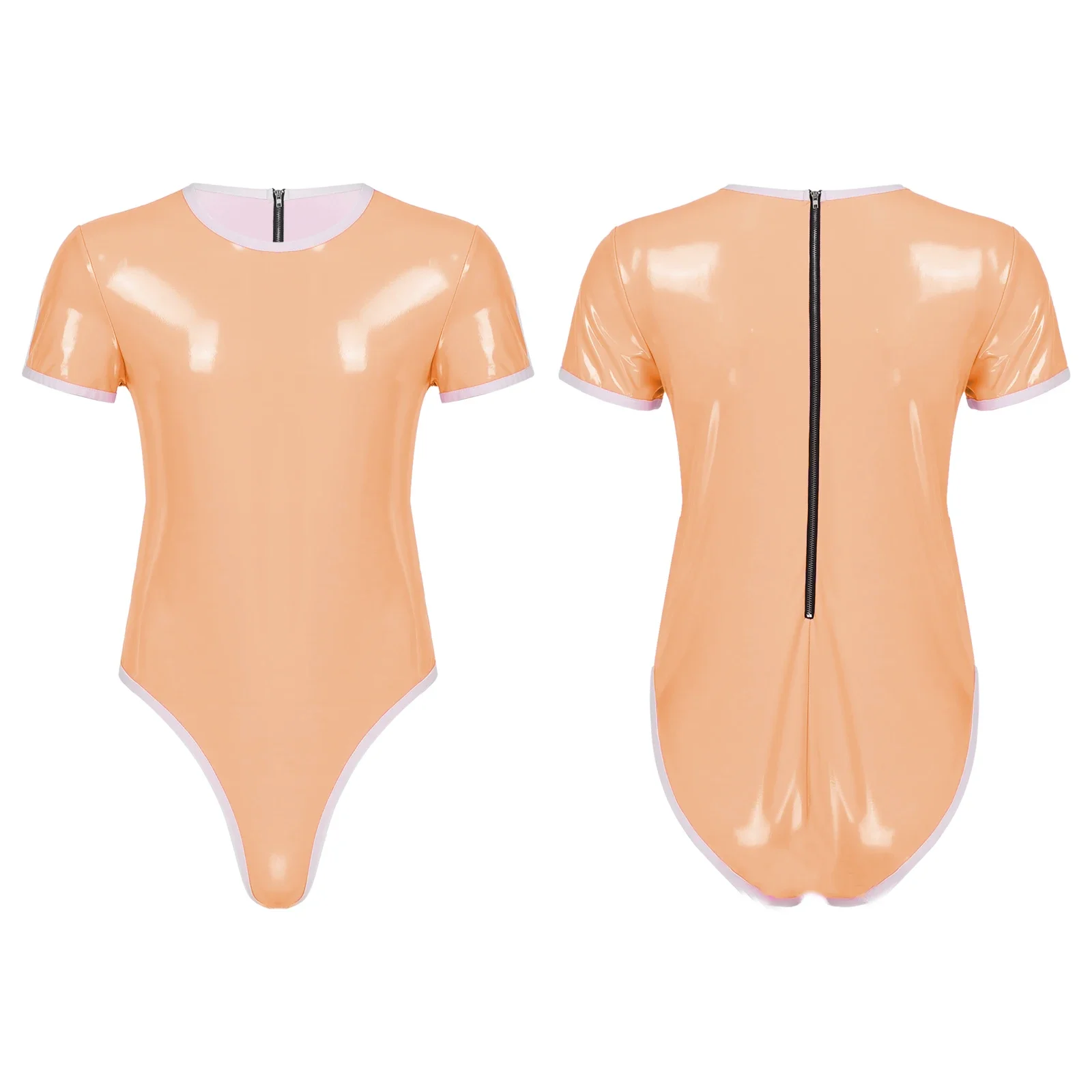 Bodysuit Lingerie Bondage Sexy Short Sleeve Round Neck Faux Leather Catsuit Back Zip Jumpsuit Sex Sheath Tight Clubwear S-7XL smile