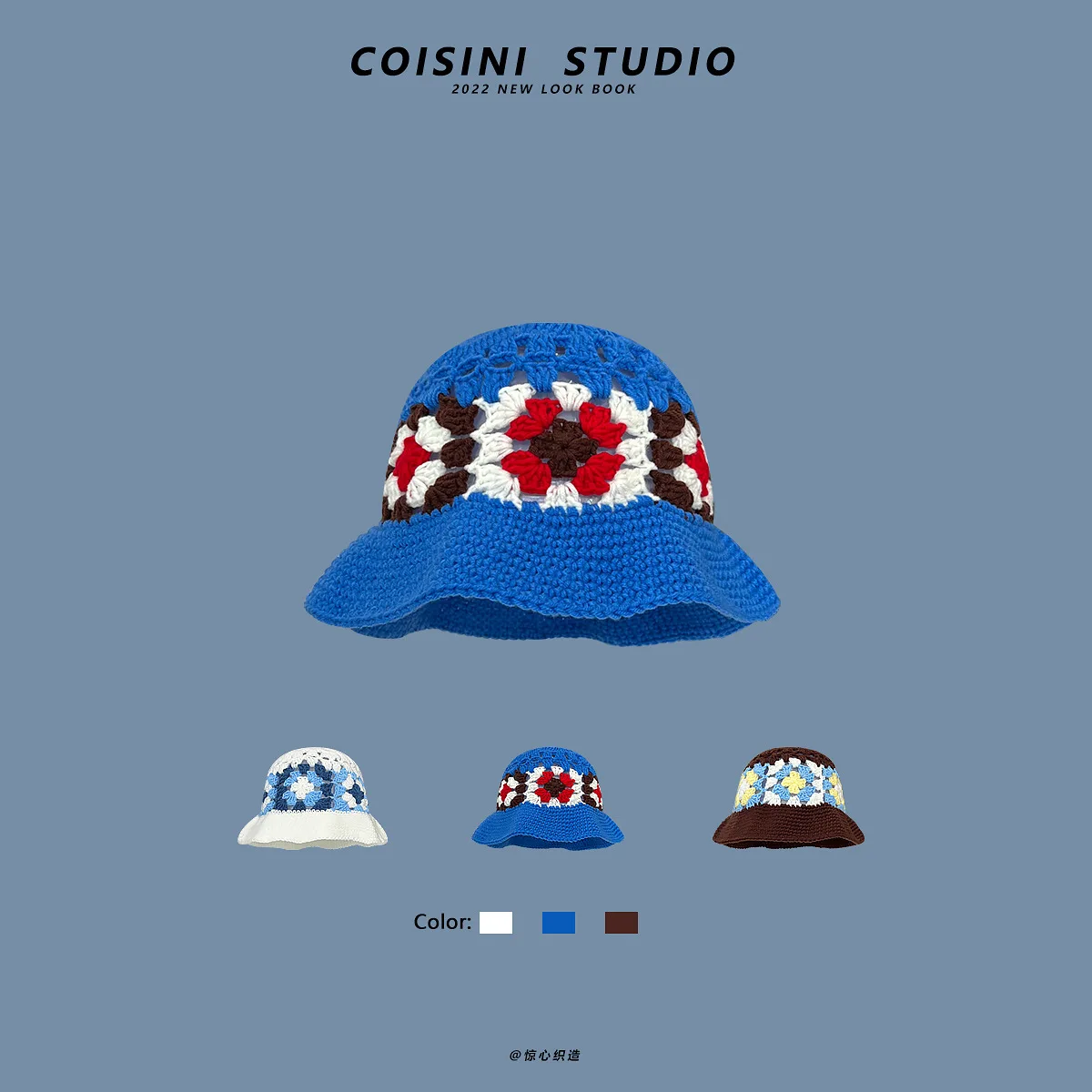 Hand 2022 New Korean-Japanese Buckle Crochet Bucket Hat Spring and Autumn Winter Sun Hat Female Cherry Designer Bob Basin Hat smile