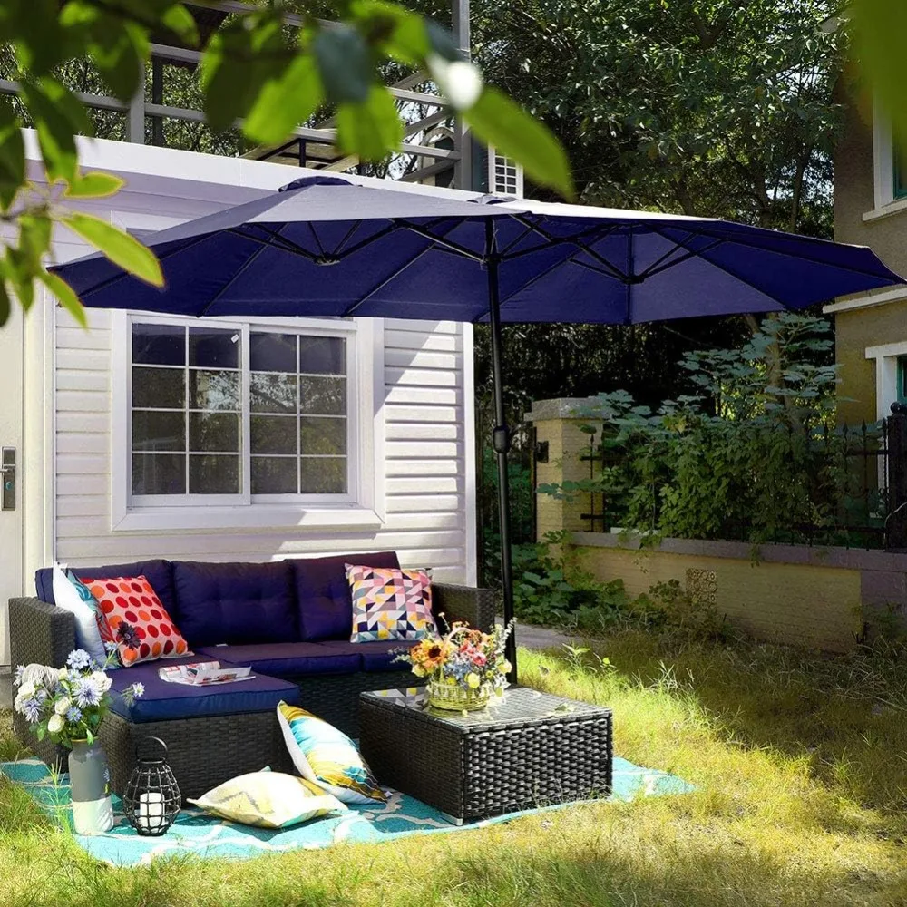 15ft Large Patio Umbrellas with Base Included Outdoor Double-Sided Rectangle Market Umbrella with Crank Handle for Poolside