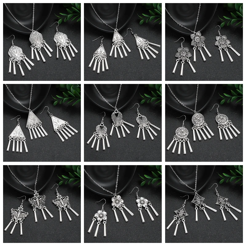 Jewelry Color New Sier Set Women's Ethnic Vintage Geometric Flower Tassel Earring Necklace Sets Female Party Accesories smile