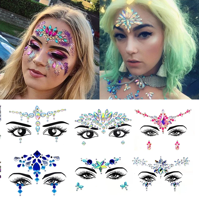 Jewels Face 3D Dia Tattoo Body Makeup Eyebrow Stickers Shiny Rhinestones Music Festival Decor Self Adhesive DIY Beauty smile