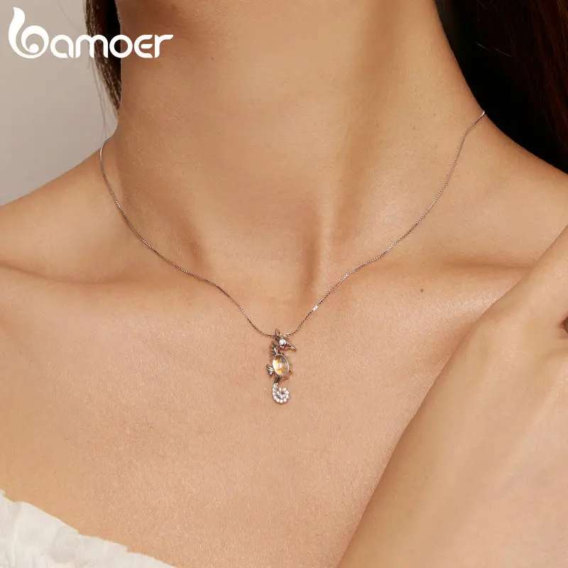 Sier Sterling Bamoer Platinum Plated Monestone Seahorse Pendant Necklace Pave Setting CZ ddmysmile For Women Valentine's Day Gift Smile