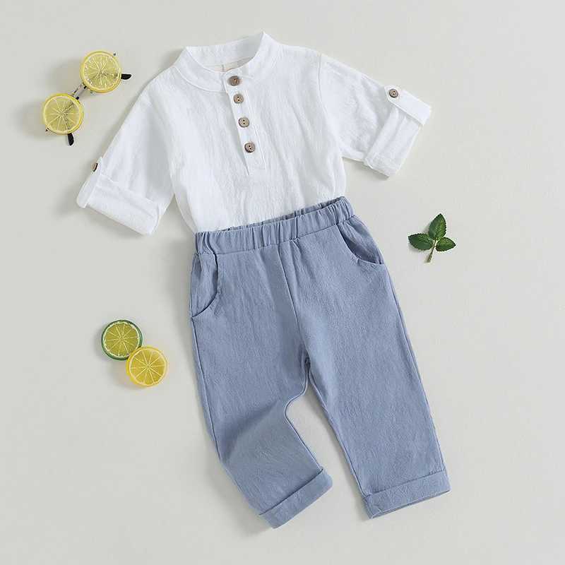 Clothing Sets Pudcoco Kid Baby Boys Summer Outfits Solid Color Buttons Short Sleeve Shirts and Elastic Waist Long Pants 2Pcs Clothes Set 6M-4T R240708