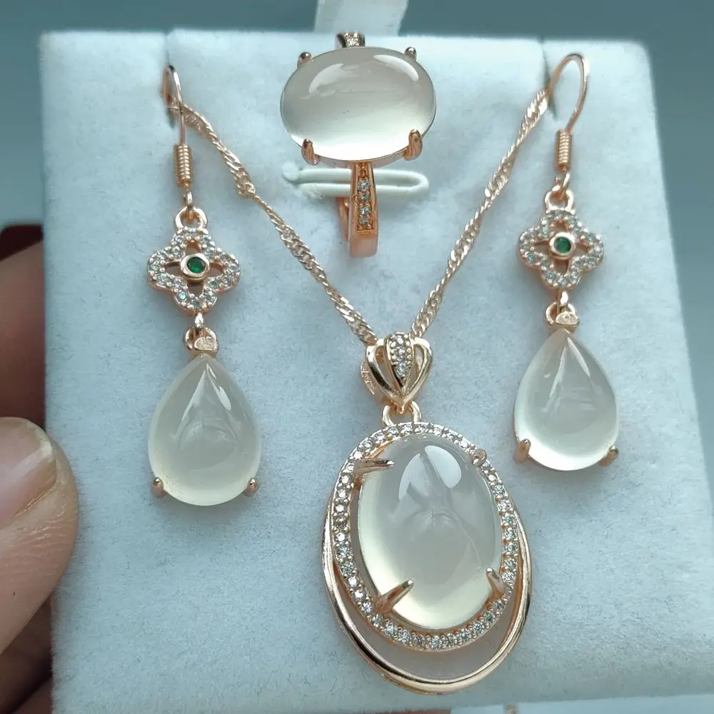 S Natural White Suits ddmysmile Chalcedony Sier Plated Stone Set Lady Agate Ring Water Drop Earrings HANFU Jewelry Gemstone Pendant Smile