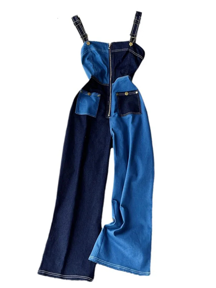Summer womens Denim suspenders Jeans Blue Straight wide legs street style loose high waist denim Jumpsuit womenLTKBlue1 240409