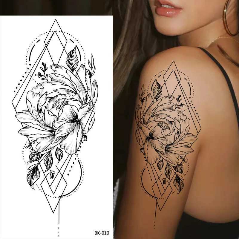 Large size black flower pattern fake tattoo sticker for women click rose peony temporary tattoo DIY water transfer tattoo for girls W250410