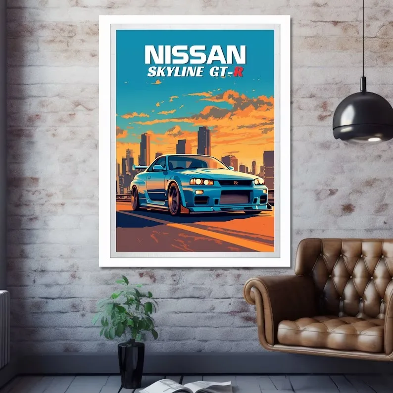 Japanese Car 1990s Classic Car Nissan Skyline GT-R R34 Retro Poster Canvas Painting Wall Art Pictures Home Interior Decor