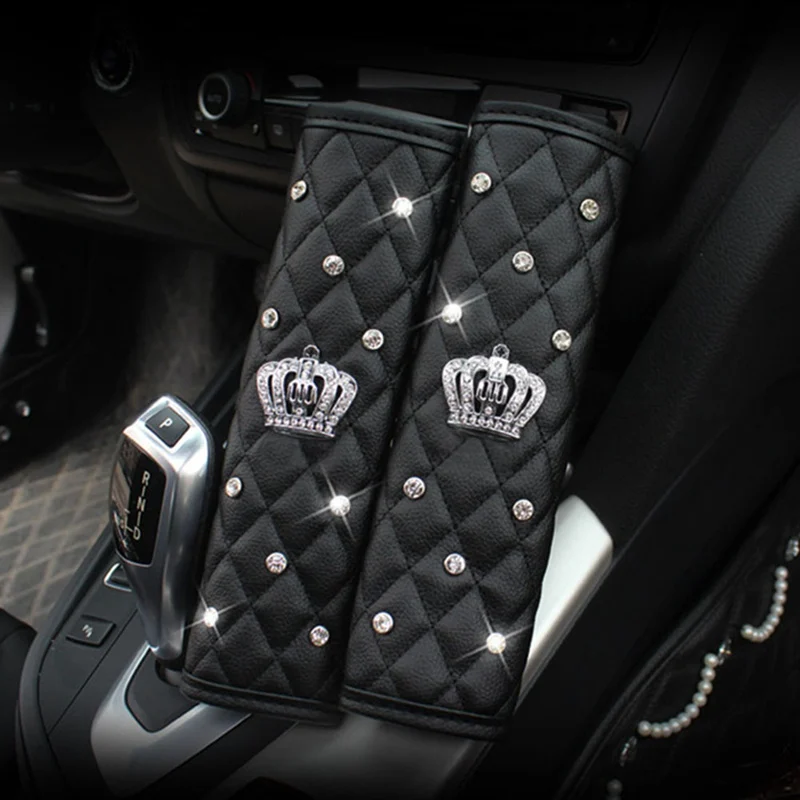 Lable Crown Bling Rhinestones Car Gear Shift Collar Cover Hand Brake Cover Car Seat Safety Belt Cover Auto Interior Accessories smile