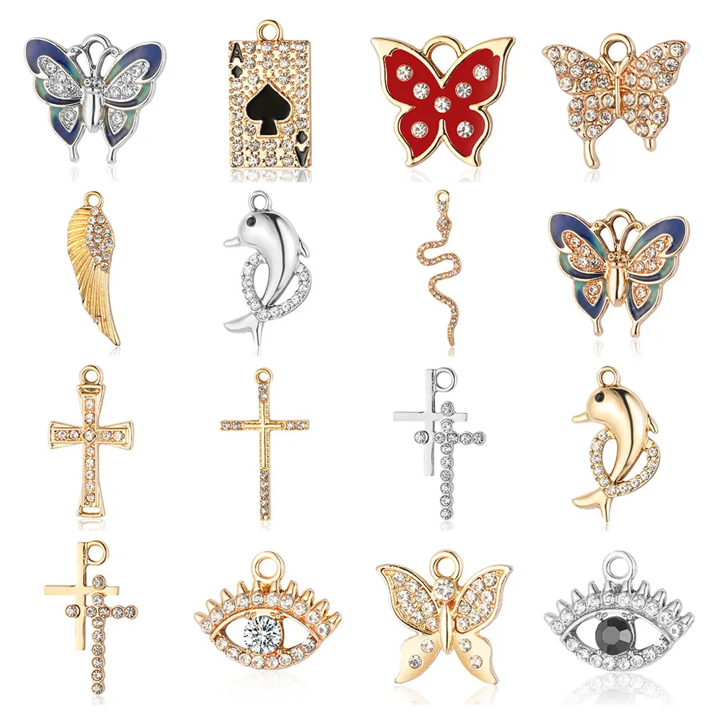 5Pcs/Lot Poker Butterfly Snake Dolphin Rhinestone Zinc Alloy Charms Wing Cross Evil Eye Pendant Bracelet Necklace Making