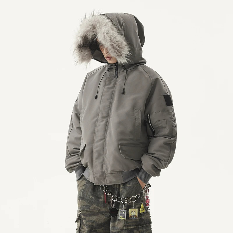 PFNW mens fur collar gray Parkas coat fashionable cotton padded coat Cleanfit loose fit thick warm winter coat 28W5475 241108