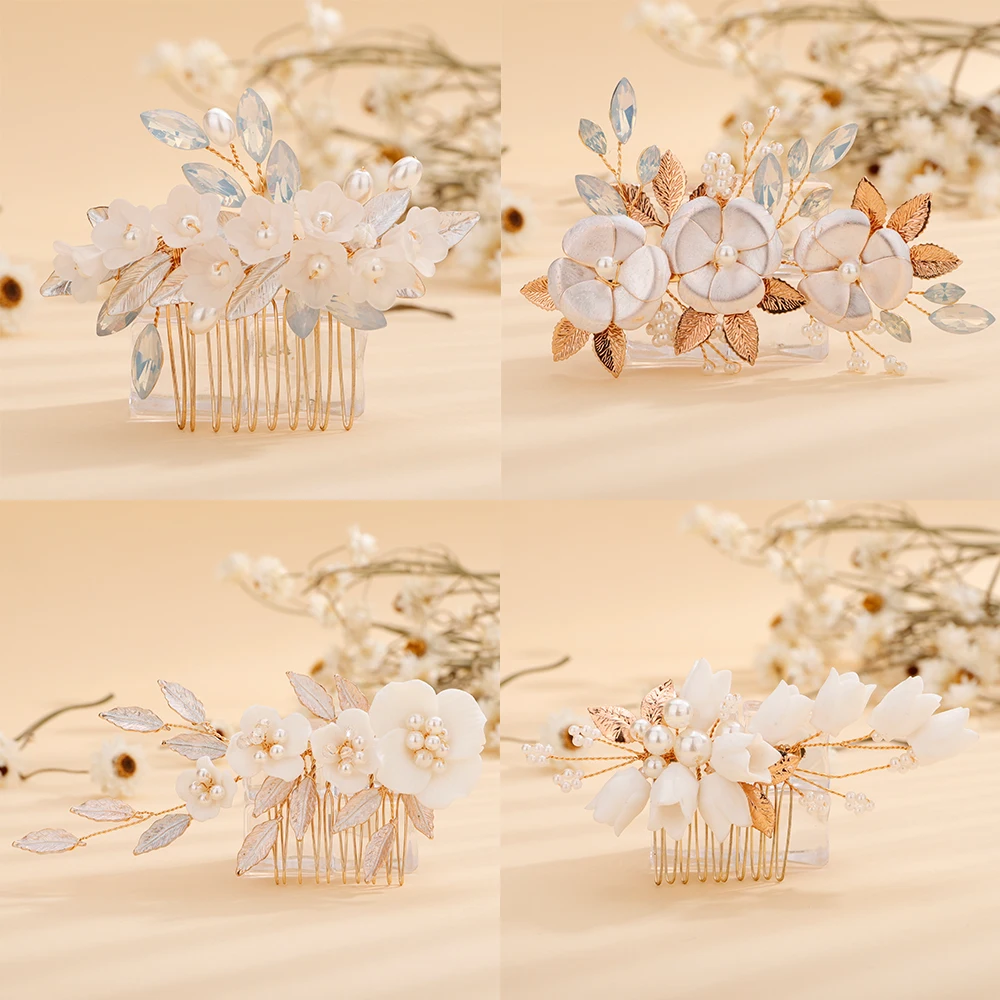 Flower Rhinestone Bridal Gold Hair Comb Pearl Leaves Women Wedding Head Jewelry Accessories Sier ddmysmile Handmade Headpiece For Bride Smile