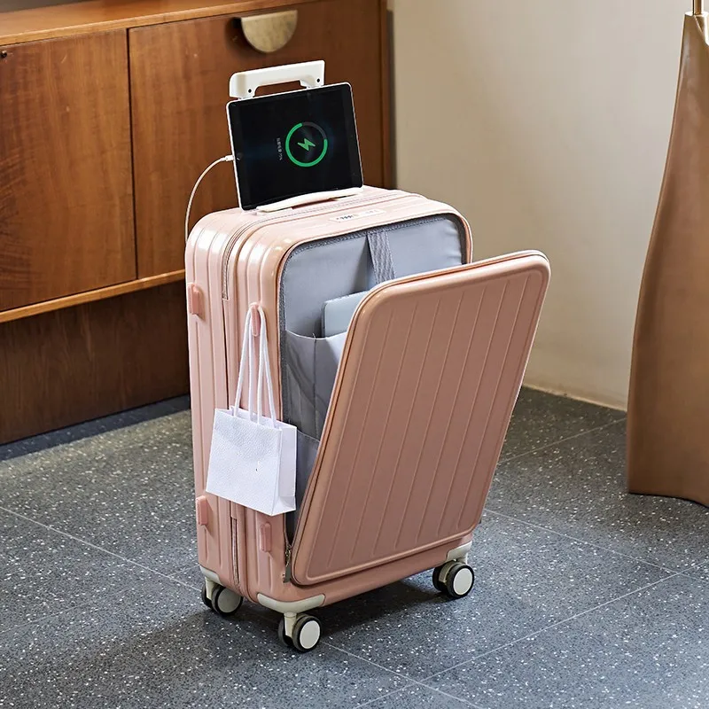 Carry On Luggage,PC Hardside Suitcase with Front Pocket, USB Charging Port,Spinner Trolley for Luggage with Locks water cup hold