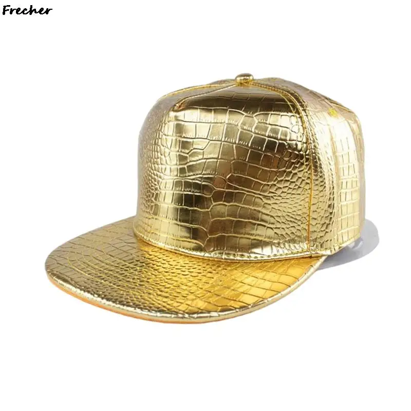 Leather Hip Hop Bright Hats Women Men Rock Baseball Cap Spring Winter Sun Hat Crocodile Pattern Trucker Hat Gold Snapback Gorras smile