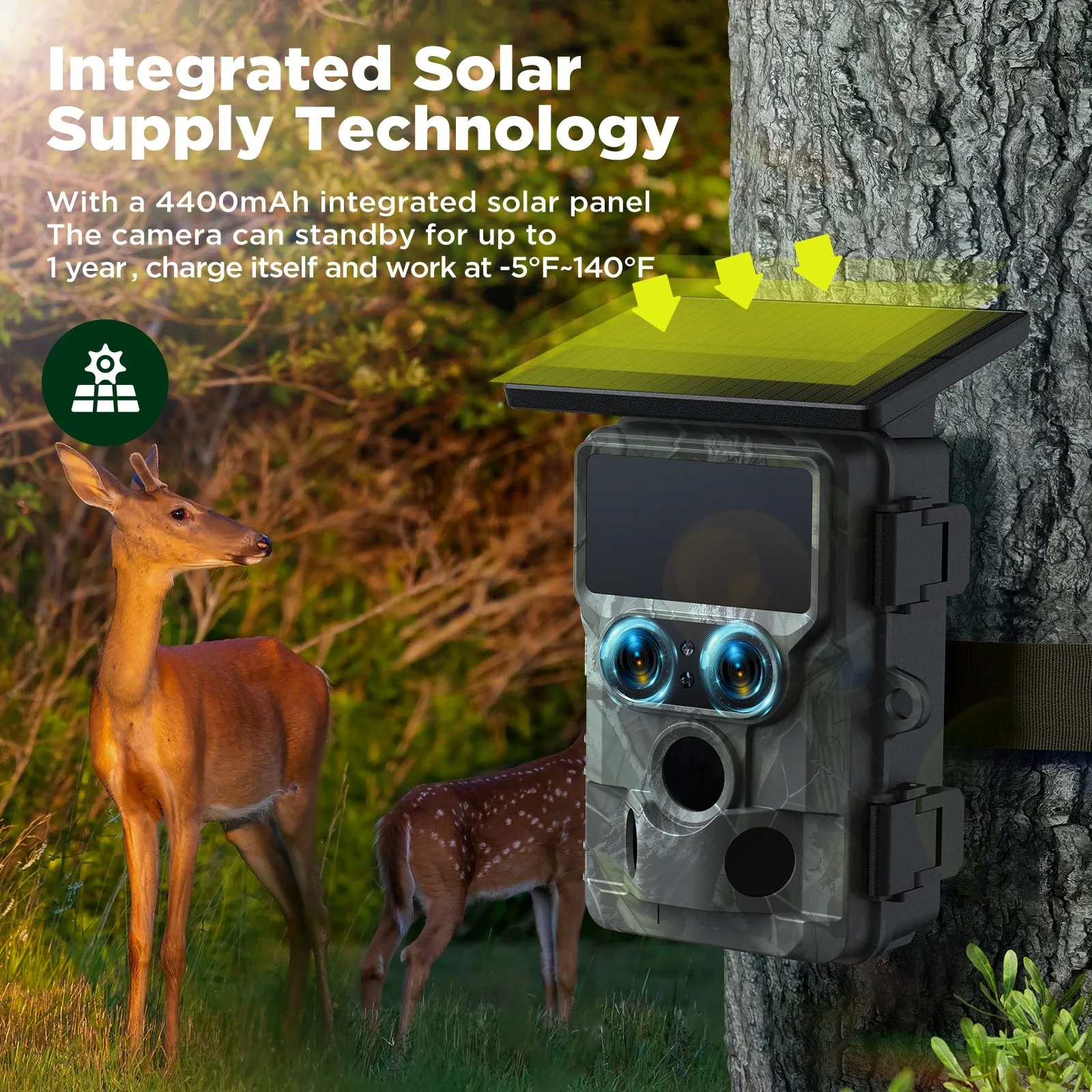 SunGusOutdoors 4K 48MP Solar Powered WiFi Dual Lens Wildlife Trail Camera Traps with 13MP SONY Native Sensor App Settings