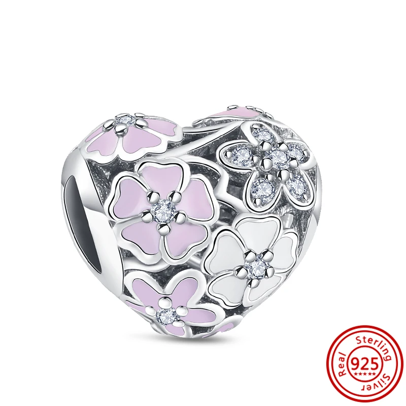 New Pink Love Mom Flowers Heart Shiny Beads 925 Silver Charm Fit Pandora 925 Original Bracelet &Necklace Fine DIY Making Jewelry