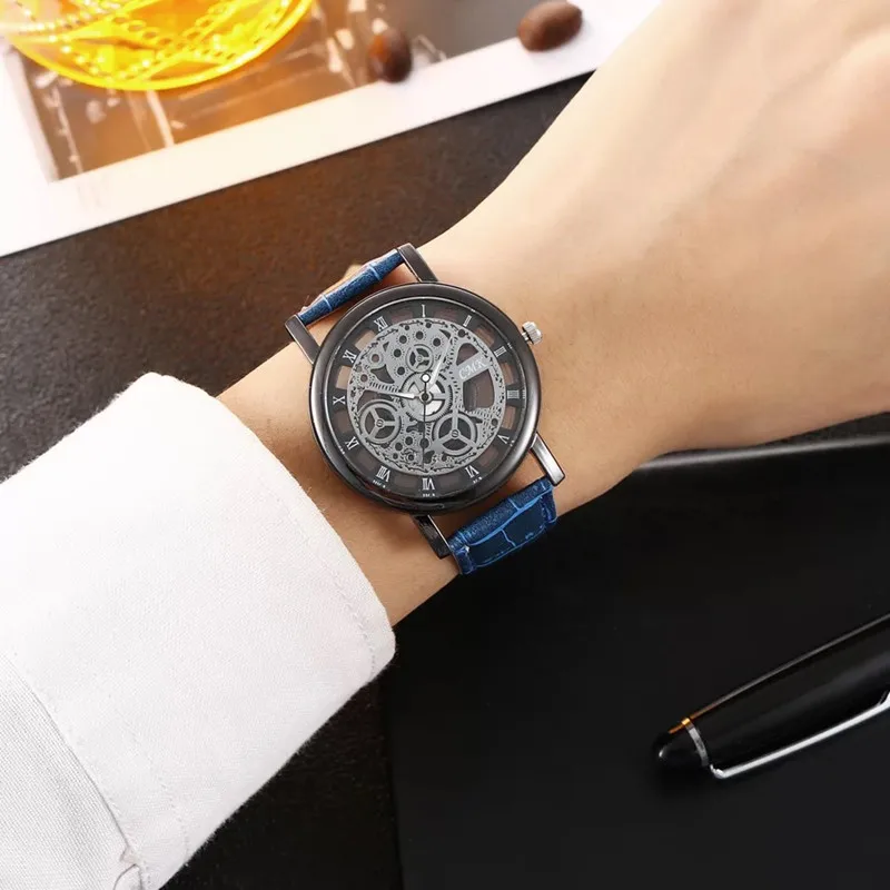 For Foloy Men Watch PU Leather Band Hollowing out Analog Alloy Quartz Wrist Watches Men Watch Clock smile