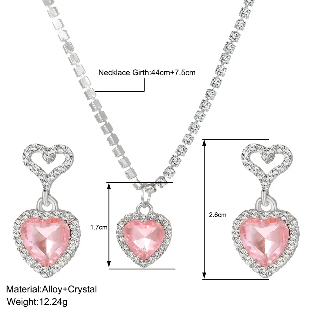 Pink Peach Love Heart Planet Crystal Rhinestone Pendant Necklace Earrings Jewelry Set for Women Teens Creative Banquet Accessory