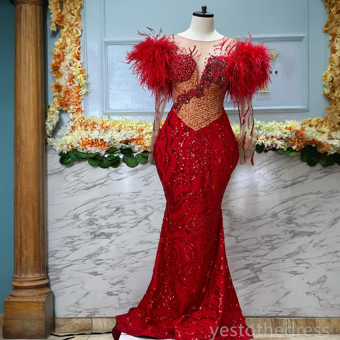 2024 Plus Size Aso Ebi Prom Dresses For Special Occasions Feathered Illusion Long Sleeves Beaded Lace Pearls Birthday Gowns Reception Anniversary Part