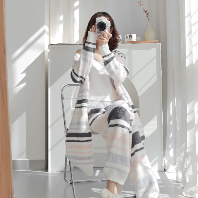 Hooded Pamas Thick Winter Flannel Pink ddmysmile Three-Piece Hooded Pamas Set Veet Nightwear Warm Kawaii Home Clothes Smile