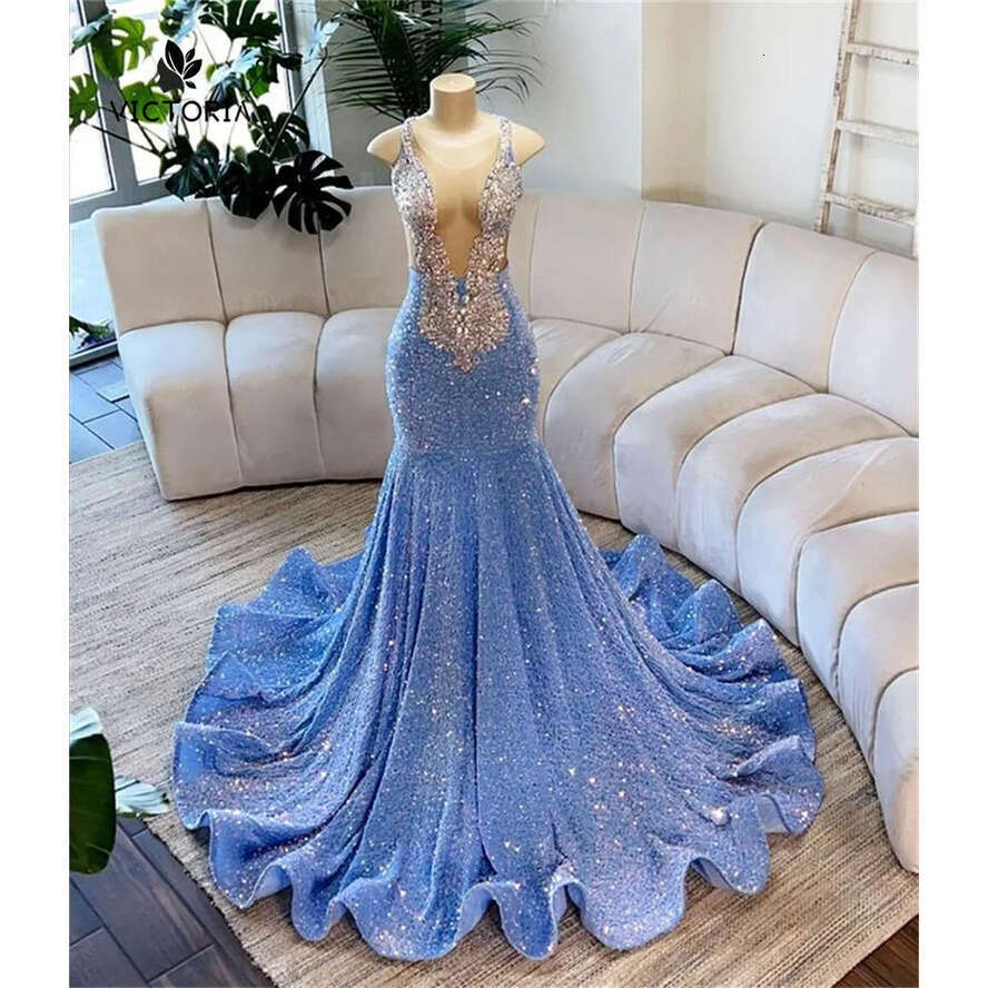 Blue Pretty Spaghetti Black Girl Prom Dress For Special Crystal Gillter Mermaid Birthday Reception Gown Robe De Bal
