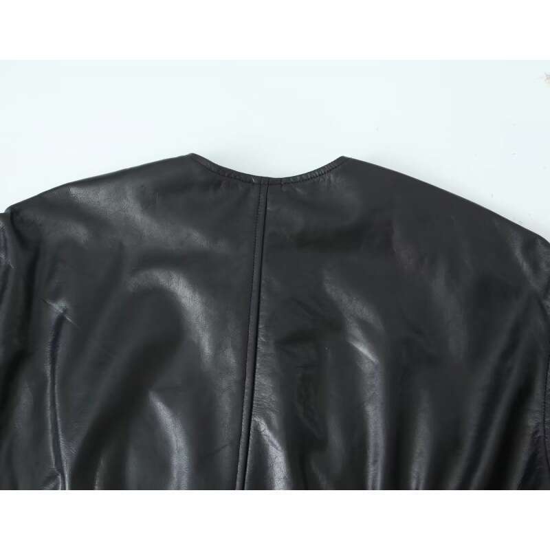 shanshi leather jacket women Autumn New Women's Fashion Round Neck Leather Pocket Jacket Coat