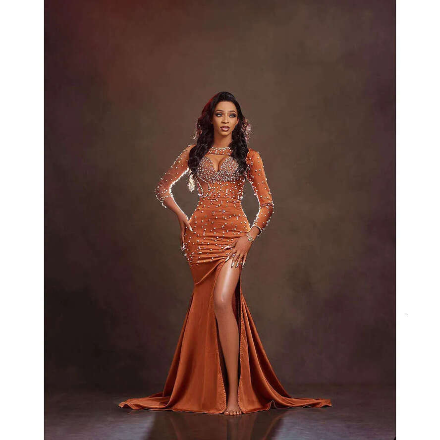 Evening Ful Dresses Mermaid Split Pearls Crystals Long Sleeve Prom Gown Party Dress Vestido De Noite Custom Made