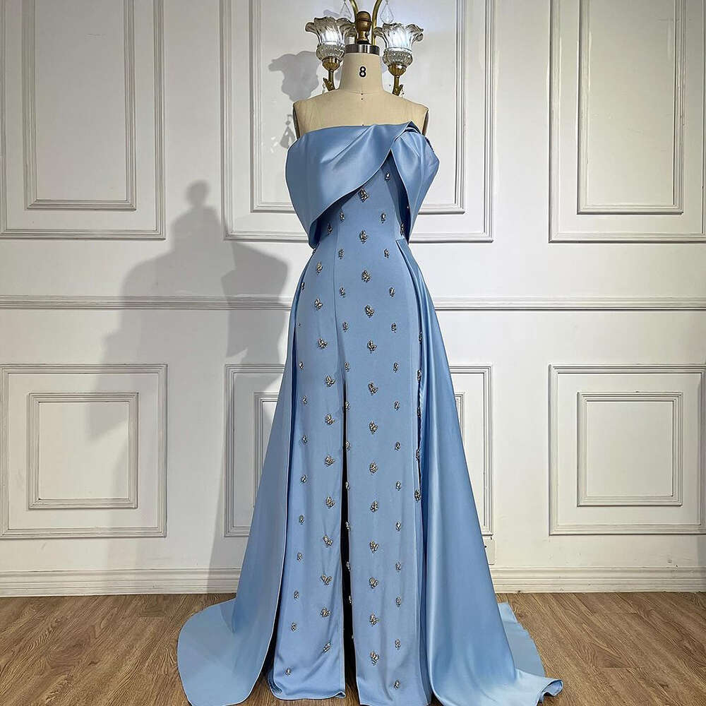 Blue Serene Hill Satin Simple High Split Mermaid Boat Neck Beaded Evening Dresses Gowns For Women Party LA Customized