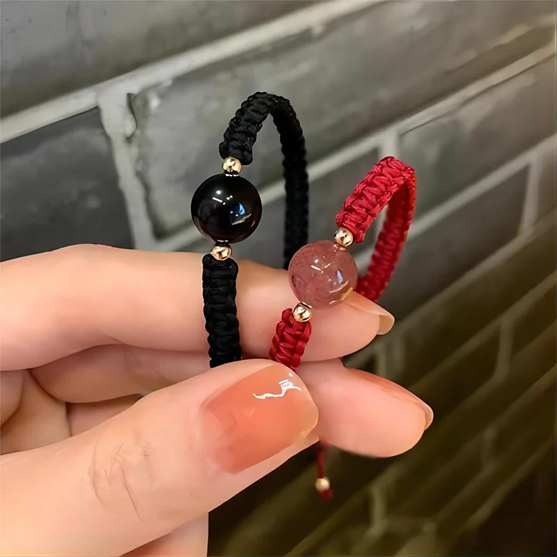 Red Crystal Obsidian Strawberry Rope Woven Couple Bracelets Charming Braided Rope Natural Lovely Adjustable Niche Designed Style smile