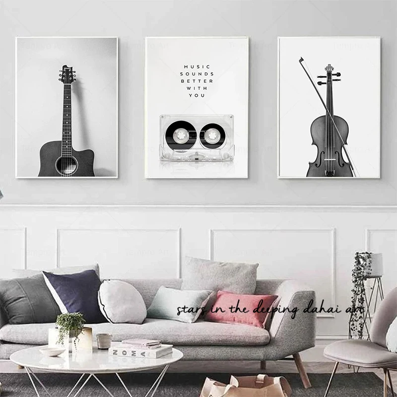 Music White Retro Black Vinyl Record Guitar ddmysmile Violin Art Poster Canvas Painting Wall Prints Picture Living Room Home Decor Cuadros Smile