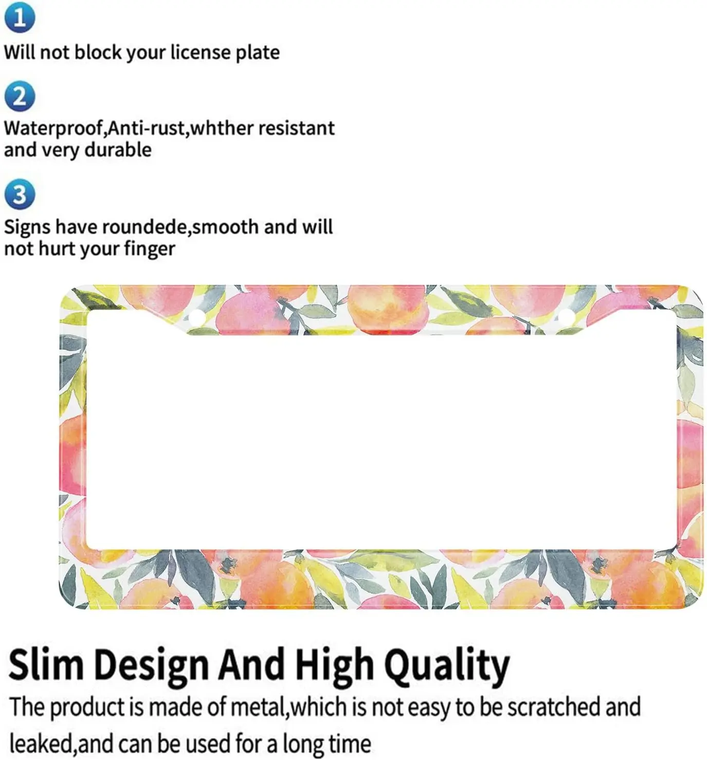 Plate License Watercolor Peaches Frames Stylish Fruit Colorful Fruits License Plate Cover for Men Women Car Accessories 12x6 In smile