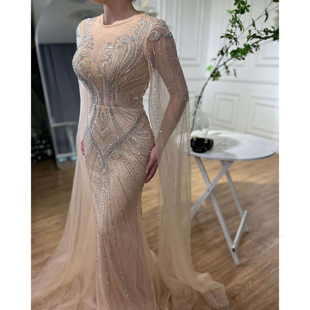 Mermaid Customizedarabic Nude Cape Sleeves Elegant Beaded Evening Dresses Gowns For Women Party