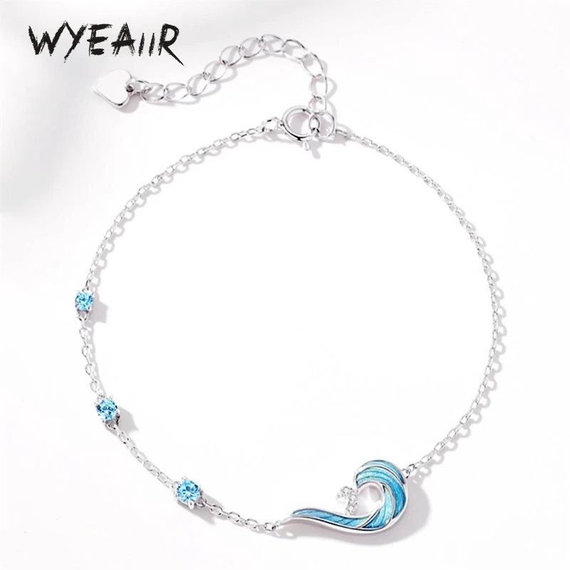 Sterling Sier WYEAIIR Blue Drip Glaze Enamel Wave Spray Fine Jewelry Female Resizable Bracelet smile