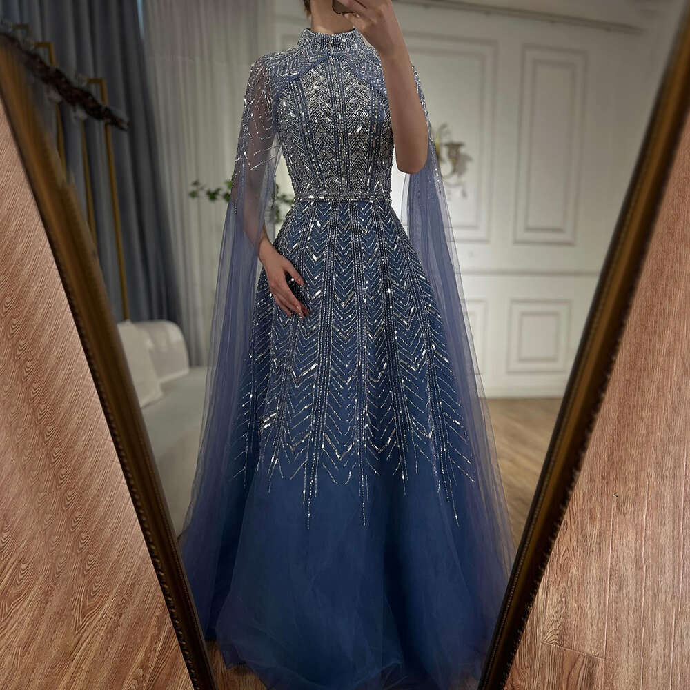 Blue Serene Hill Beaded Design A E Saudi Arabic Evening Dresses Gowns With Cape Sleeves For Ocn LA Customized Rabic Vening L 6660311