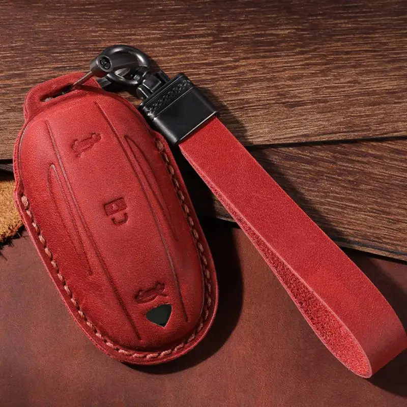 Horse Leather Crazy Retro Car Key Case Cover Keyring Holder for Tesla Model 3 Model X Model S Model Y Keychain Holder Fob Shell smile