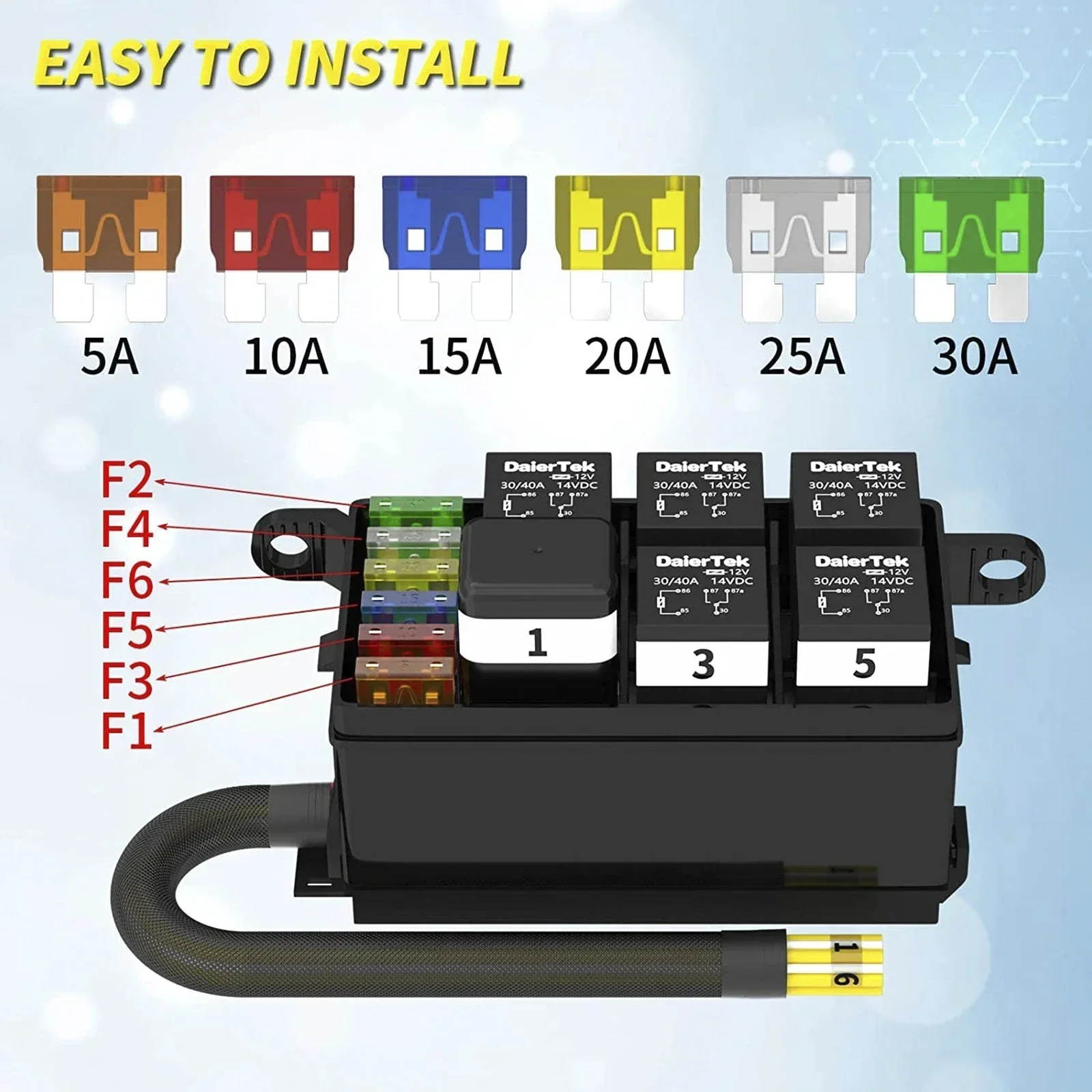 Fuse Relay Box 12V 6Way Dust-Proof Relay Block Kit with Pre-Wires 5Pin 4 Pin 40A ATC/ATO Fuses Universal Car Truck Fuse Box