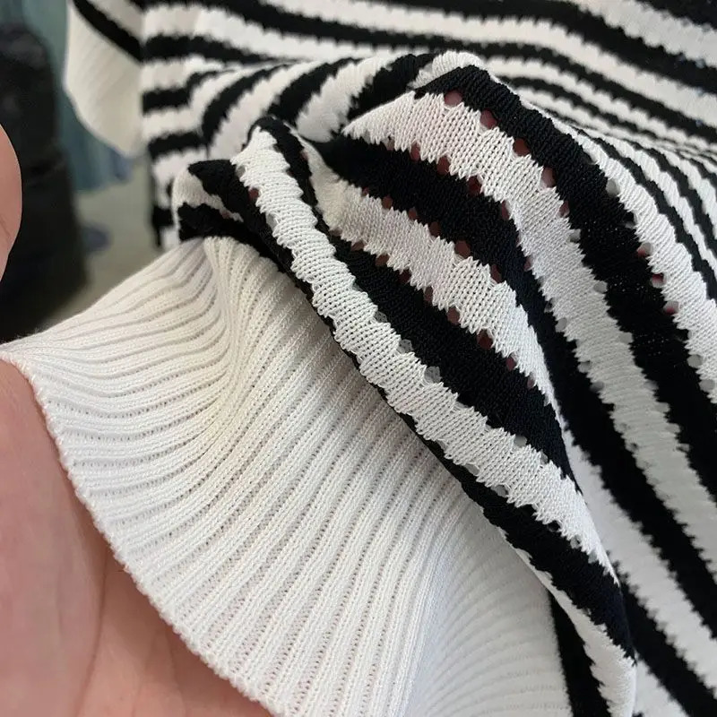 Women's T-Shirt Women Short Slve Striped Polo Shirts Summer T-shirt Hollow Out Contrast Colors Patchwork Korean Fashion Casual Versatile Tops 240