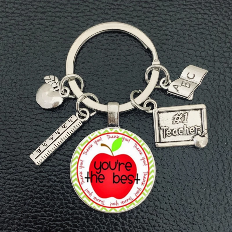 New teachers day gift keychain jewelry thank you teacher cute pattern pendant glass round charm bag keychain souvenir