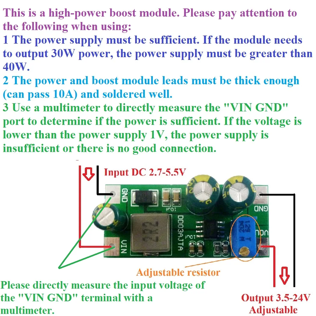 DD03AJTA DC 3V-24V 30W Step-Up Boost Converter Board For 18650 Lithium Battery