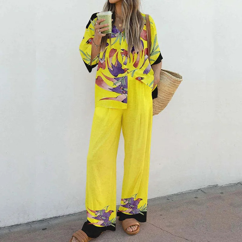 Casual Short Sleeve Cotton Linen Outfits Fashion Lapel Button Shirt Long Pant Suit Women Elegant Pattern Print Two Piece Sets 240401