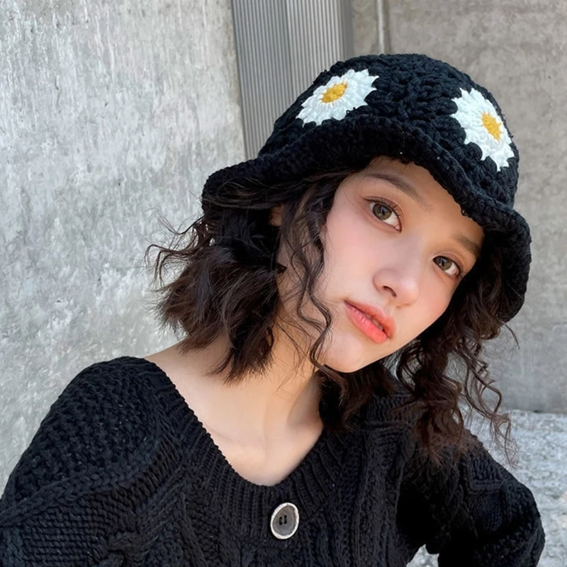 Hat Crochet Flower Bucket for Woman Breathable Multi-color Weaving Wide Brim Bucket Hat Adult Teens Summer Fisherman Cap smile