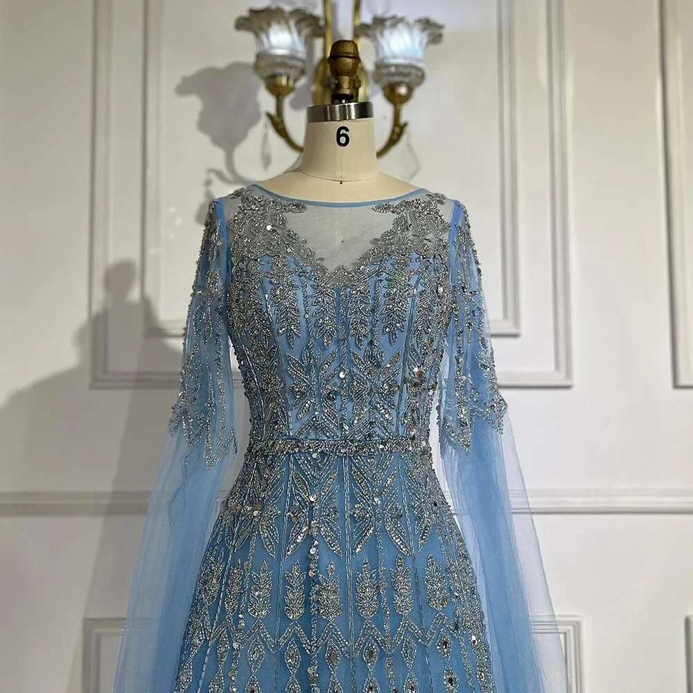 A Customized Muslim E Blue Beaded Evening Gowns With Cape Sleeves For Women S Party LA vening L