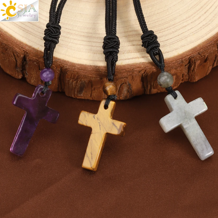 Stone CSJA Cross Natural Pendant Necklace for Man Healing Tiger Eye Amethysts Crystal Necklaces for Women Jewelry Gift H254 smile