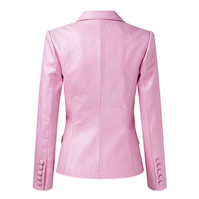 shanshi leather jacket women Spring and Autumn Pink Slimming Temperament Commuter Collar Double breasted Solid Color Long sleeved Suit PU Leather Jack