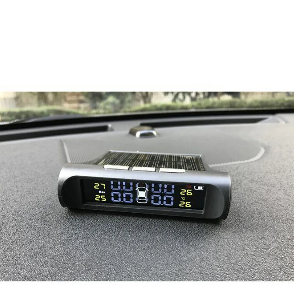 Power TPMS Solar USB Car Tire Pressure Monitoring System LCD 4 External / Internal Sensors for SUV Sedan Temperature Warning smile /
